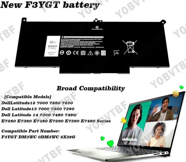 Alt view image 2 of 5 - YOBVTBF F3YGT Laptop Battery 7480 Battery 7490 Battery for Dell Latitude 7280 7290 7380 7390 7480 7490 12 7000 13 7000 P29S002 14 7000 P73G002 Series DM6WC 2X39G KG7VF 451-BBYE 453-BBCF 60WH 7.6V