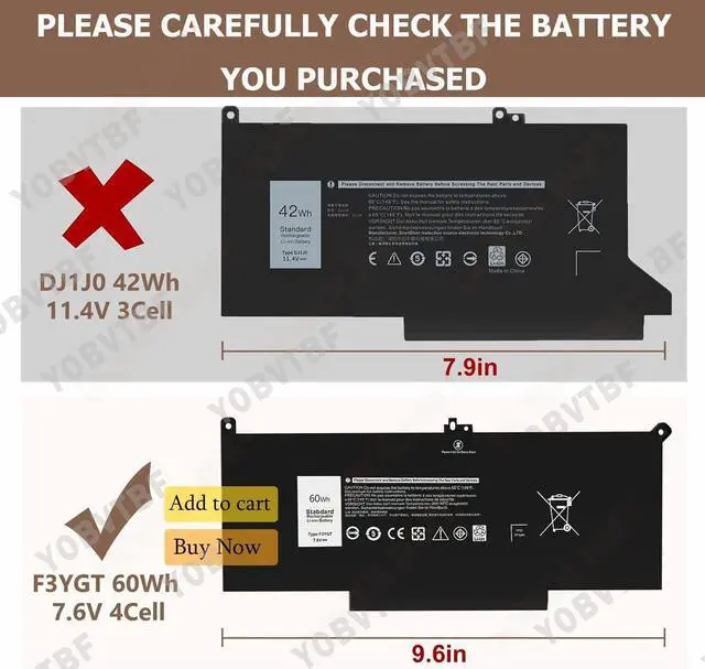 Alt view image 3 of 5 - YOBVTBF F3YGT Laptop Battery 7480 Battery 7490 Battery for Dell Latitude 7280 7290 7380 7390 7480 7490 12 7000 13 7000 P29S002 14 7000 P73G002 Series DM6WC 2X39G KG7VF 451-BBYE 453-BBCF 60WH 7.6V