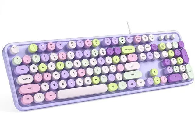 Main image of MOFII Computer Keyboard Wired, USB Plug Play Round Key Retro Typewriter Keyboard, Office Full Size Keyboard with Foldable Stands for Laptop PC Windows- Purple Colorful