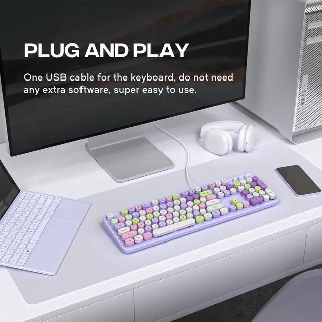 Alt view image 2 of 5 - MOFII Computer Keyboard Wired, USB Plug Play Round Key Retro Typewriter Keyboard, Office Full Size Keyboard with Foldable Stands for Laptop PC Windows- Purple Colorful
