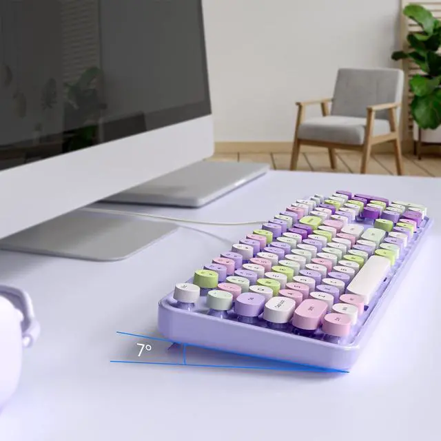 Alt view image 4 of 5 - MOFII Computer Keyboard Wired, USB Plug Play Round Key Retro Typewriter Keyboard, Office Full Size Keyboard with Foldable Stands for Laptop PC Windows- Purple Colorful