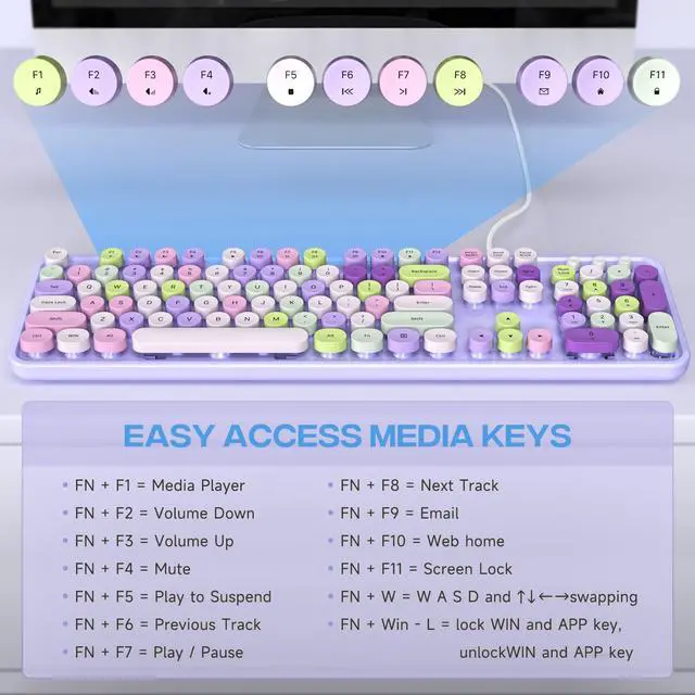 Alt view image 5 of 5 - MOFII Computer Keyboard Wired, USB Plug Play Round Key Retro Typewriter Keyboard, Office Full Size Keyboard with Foldable Stands for Laptop PC Windows- Purple Colorful