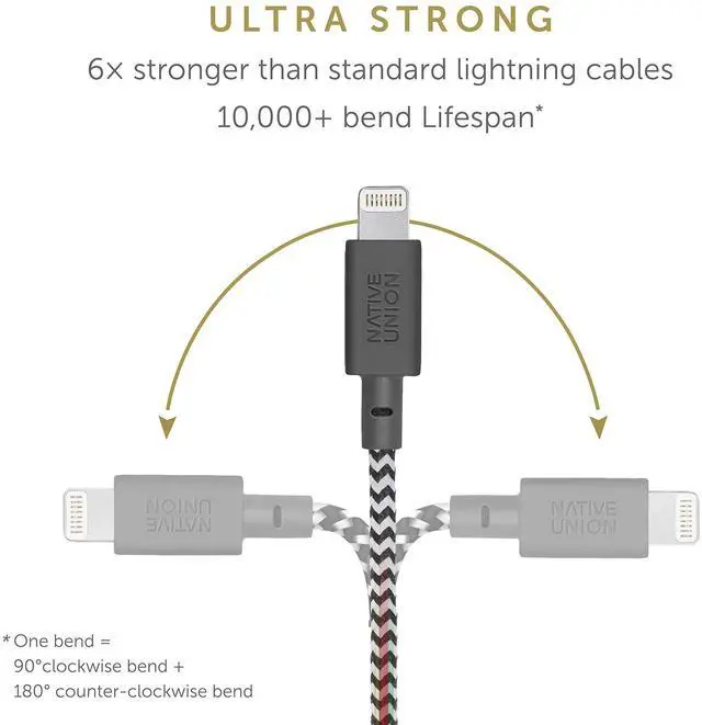 Alt view image 2 of 5 - Native Union Night Cable - 10ft Ultra-Strong Reinforced [MFi Certified] Durable Lightning to USB Charging Cable with Weighted Knot Compatible with iPhone/iPad (Zebra) - Responsible Packaging