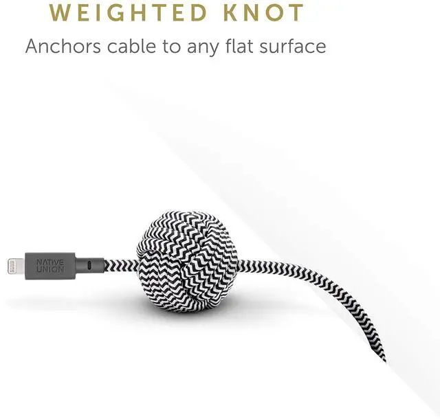 Alt view image 3 of 5 - Native Union Night Cable - 10ft Ultra-Strong Reinforced [MFi Certified] Durable Lightning to USB Charging Cable with Weighted Knot Compatible with iPhone/iPad (Zebra) - Responsible Packaging