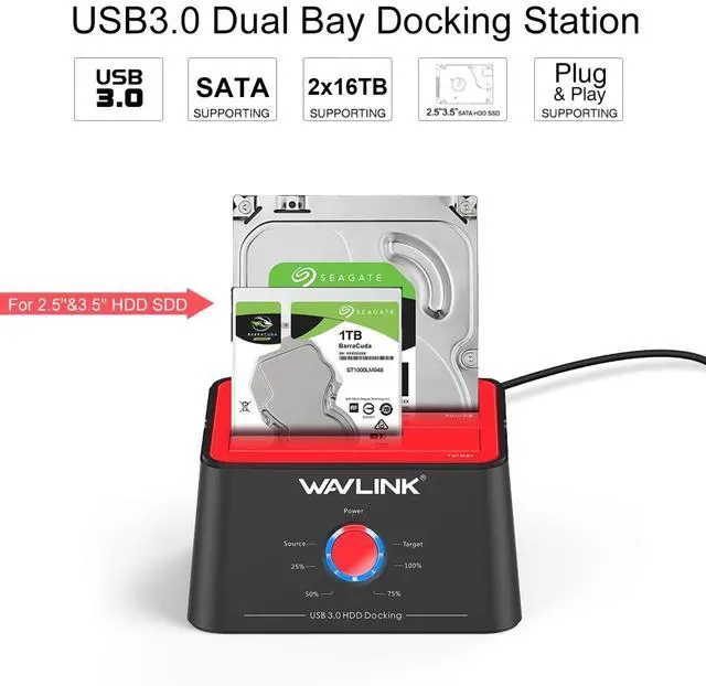 Alt view image 4 of 5 - WAVLINK USB 3.0 to SATA I/II/III Dual Bay External Hard Drive Enclosure Docking Station, Caddy Reader for 2.5/3.5 inch SATA HDD SSD, 2x16TB and UASP Offline Cloner, Disk Duplicator Function- Red