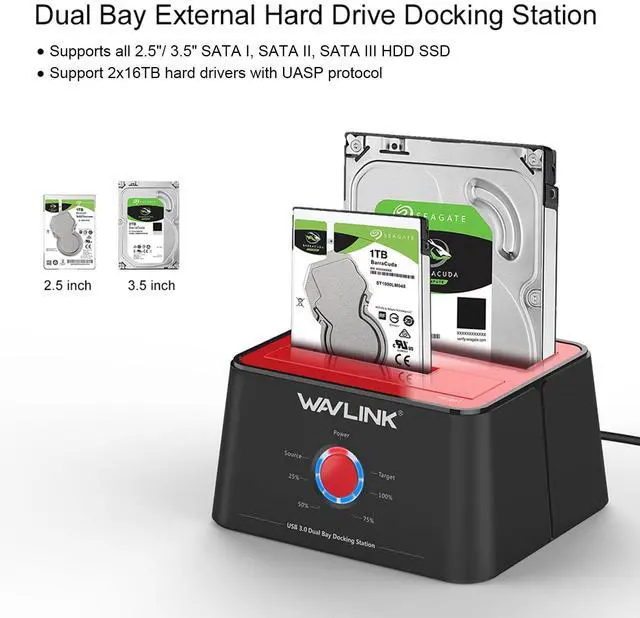 Alt view image 5 of 5 - WAVLINK USB 3.0 to SATA I/II/III Dual Bay External Hard Drive Enclosure Docking Station, Caddy Reader for 2.5/3.5 inch SATA HDD SSD, 2x16TB and UASP Offline Cloner, Disk Duplicator Function- Red