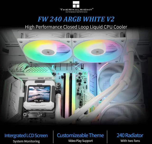 Alt view image 2 of 5 - Thermalrlght FW240 White ARGB V2 CPU Water Cooler with 2 PWM Fans with 2000RPM,IPS LCD Screen with 320 * 240 Resolution,Liquid CPU Cooler,CPU PC Aio Cooler for AMD:AM4/AM5/Intel LGA1700