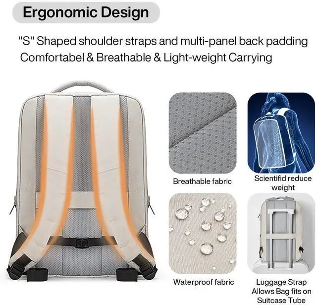 Alt view image 5 of 5 - mixi Travel Backpack for Women & Men 15.6'' Laptop Carry On Weekender Bag Outdoor Hiking with Multifunction Pockets 180° Open Water Resistant 18 Inch 22L, Moonlight White