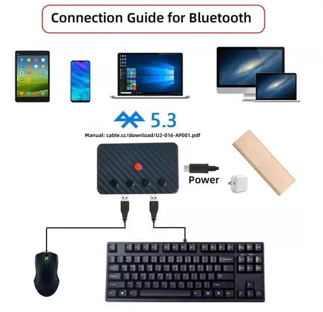Alt view image 2 of 5 - xiwai USB Wired Mouse and Keyboard Convert to Wireless 2.4G Bluetooth(BT) Converter with Receiver USB Switch Selector Type-C Power for Tablet Phone Laptop