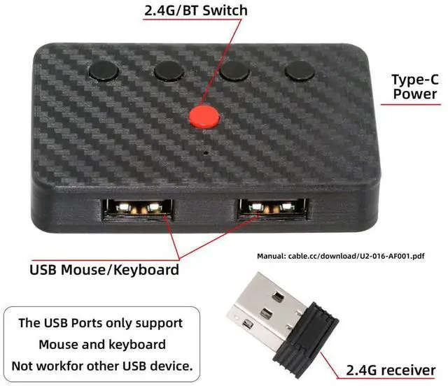 Alt view image 4 of 5 - xiwai USB Wired Mouse and Keyboard Convert to Wireless 2.4G Bluetooth(BT) Converter with Receiver USB Switch Selector Type-C Power for Tablet Phone Laptop