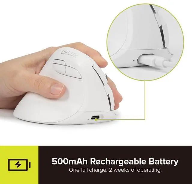 Alt view image 5 of 5 - DeLUX Left Handed Ergonomic Vertical Mouse, Reduce Hands Strain Rechargeable Silent BT Wireless Ergo Mouse with USB Receiver, 6 Buttons and 4000 DPI for Carpal Tunnel (M618ZD-White)