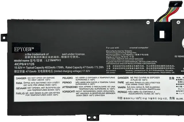 Alt view image 2 of 5 - EPYOBW L21M4PH1 Laptop Battery 75Wh 4833mAh 4-Cell 15.52V Compatible with Lenovo Yoga Slim 9-14IAP7 / Slim 9-14IAP7 Series L21B4PH1 L21C4PH1