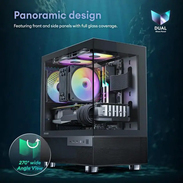 Alt view image 2 of 5 - Okinos Aqua 3, Micro ATX Case, MATX PC Case with 3 X 120mm 3-Pin ARGB Fan Pre-Installed, Panoramic View Tempered Glass Front & Side Panel, with Type C Port, Black