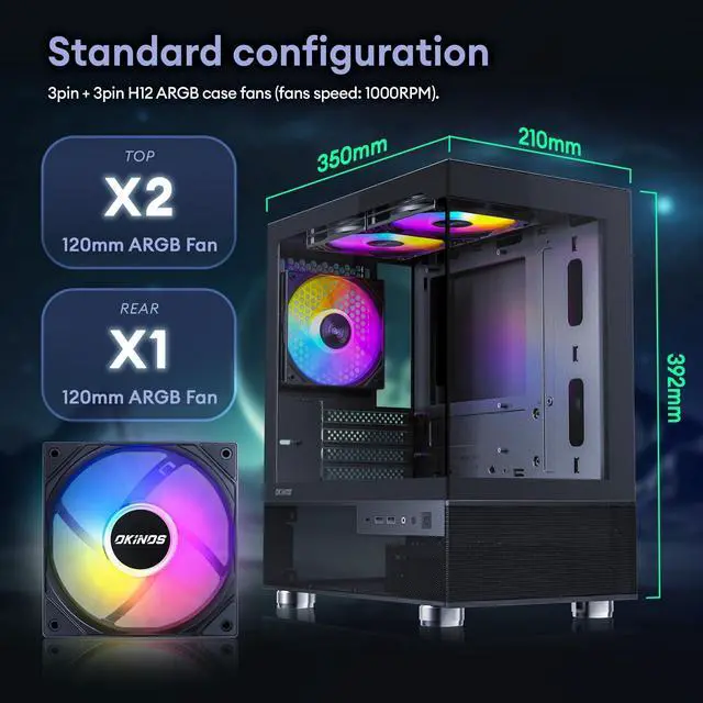 Alt view image 4 of 5 - Okinos Aqua 3, Micro ATX Case, MATX PC Case with 3 X 120mm 3-Pin ARGB Fan Pre-Installed, Panoramic View Tempered Glass Front & Side Panel, with Type C Port, Black