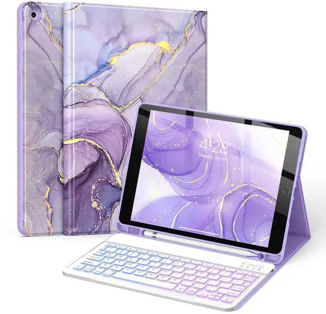 Main image of Soke for iPad 9th/8th/7th Generation Case with Keyboard 10.2 Inch-7 Color Backlitght Magnetic Wireless Detachable Folio Keyboard Cover with Pencil Holder for Apple iPad Gen 9/8/7, Violet Marble