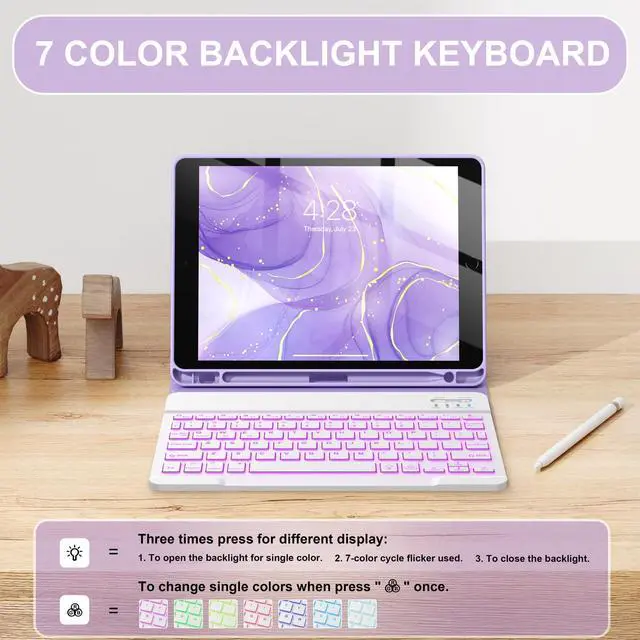 Alt view image 4 of 5 - Soke for iPad 9th/8th/7th Generation Case with Keyboard 10.2 Inch-7 Color Backlitght Magnetic Wireless Detachable Folio Keyboard Cover with Pencil Holder for Apple iPad Gen 9/8/7, Violet Marble