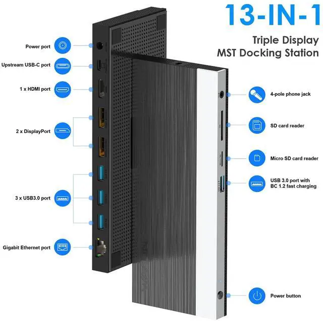 Alt view image 2 of 5 - WAVLINK USB C Docking Station,13-in-1 Triple Display Type C Hub Adapter with HDMI,2 DisplayPort,Ethernet,4 USB 3.0,USB-C,SD/TF Card Reader,Phone Jack,DC Jack, PD 100W for Mac Windows and More