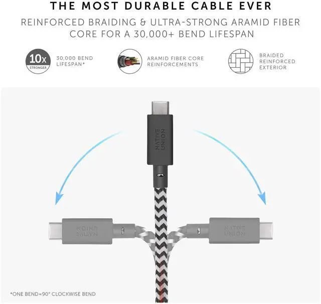 Alt view image 3 of 5 - Native Union Anchor Cable 240W  10ft Reinforced Braided USB-C to USB-C Power Delivery 3.1 Charging Cable with Weighted Knot  for iPhone 16, 16 Pro Max, MacBook Pro 14"/16" M2, Air 15" M2 (Zebra)