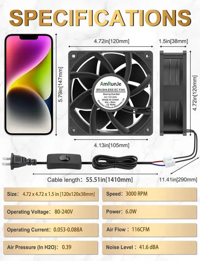 Alt view image 3 of 5 - AmRunJe EC Muffin Axial Fan with Plug 120mm x 38 mm High Airflow AC Cooling Fan 110V 115V 120V 220V 240V Dual Ball Bearing for Window Xbox Aquarium Cabinet Soldering Cooling Exhaust*