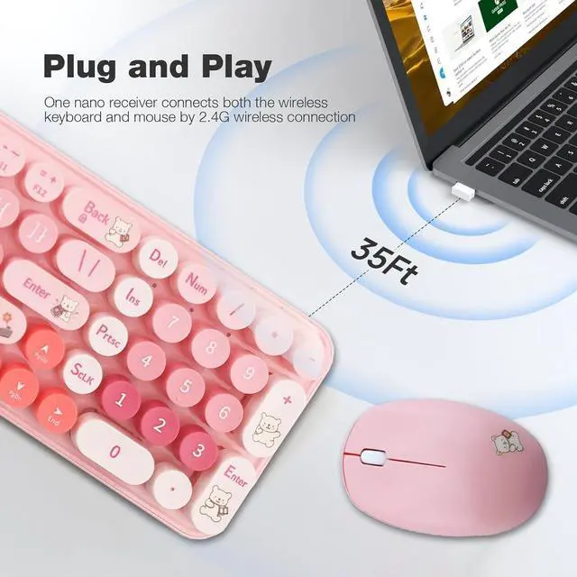 Alt view image 2 of 5 - Wireless Keyboard and Mouse Combo, Retro Typewriter Style Keyboard with Round Keycaps, 2.4GHz Dropout-Free Connection Mouse with,Computer PC Desktops Laptop WindowsxP/7/8/10 (Pink)