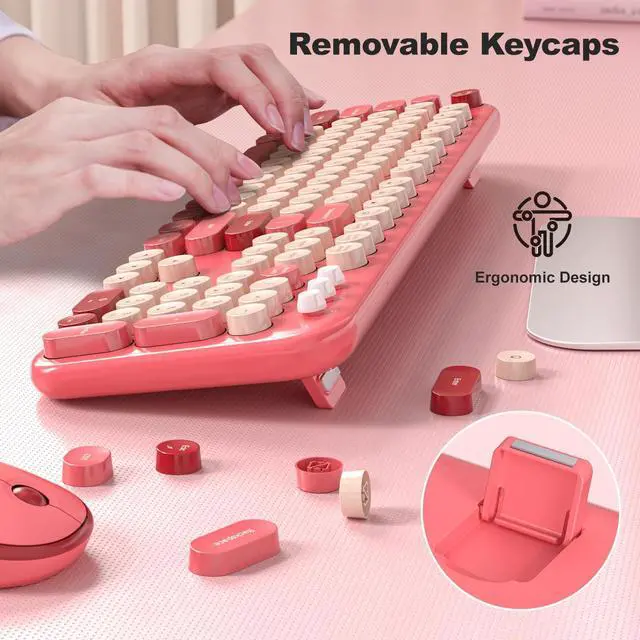 Alt view image 4 of 5 - MOFII Wireless Keyboard and Mouse, Retro Typewriter Keyboard and Silent Mouse, 2.4GHz Full Size Keyboard and Mouse Wireless Combo for Laptop, PC, Desktop, Windows (Hot Pink)