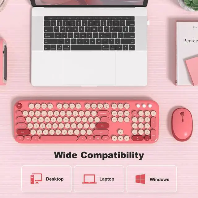 Alt view image 5 of 5 - MOFII Wireless Keyboard and Mouse, Retro Typewriter Keyboard and Silent Mouse, 2.4GHz Full Size Keyboard and Mouse Wireless Combo for Laptop, PC, Desktop, Windows (Hot Pink)