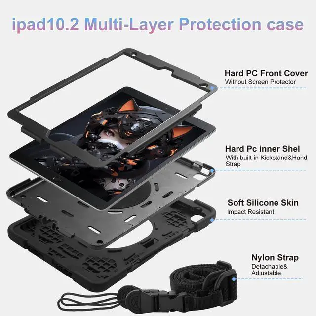 Alt view image 3 of 5 - for iPad 9th/8th/7th Generation Case 10.2" Heavy Sturdy Shockproof Kids Cover with Rotating Stand/Pencil Holder/Shoulder Strap for iPad 10.2 Case 2021/2020/2019 Boys (Black)