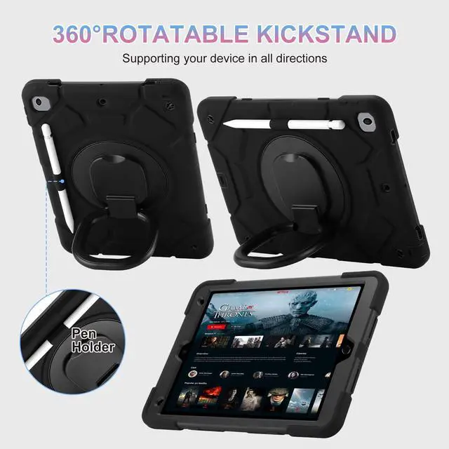 Alt view image 4 of 5 - for iPad 9th/8th/7th Generation Case 10.2" Heavy Sturdy Shockproof Kids Cover with Rotating Stand/Pencil Holder/Shoulder Strap for iPad 10.2 Case 2021/2020/2019 Boys (Black)
