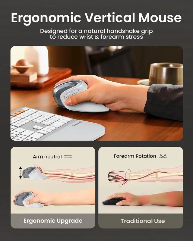 Alt view image 5 of 5 - ProtoArc Ergonomic Vertical Mouse, EM11 NL Rechargeable Wireless Mouse Bluetooth, Ergo Mice with 3 Multi-Device for PC/Notebook/Laptop, 2.4GHz Optical Mice for Windows, Mac OS, White