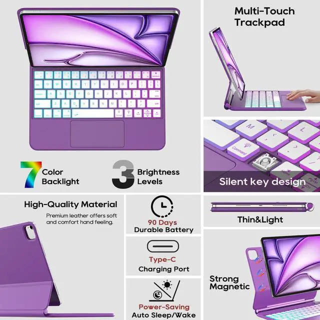 Alt view image 2 of 5 - Magic Keyboard Case for iPad Air 11-inch M2 2024, iPad Pro 11 4th/3rd/2nd/1st Gen, Magnetic Keyboard case with Multi-Touch Trackpad, Floating Stand, Rainbow Backlit Keyboard for iPad Air 5th/4th Gen