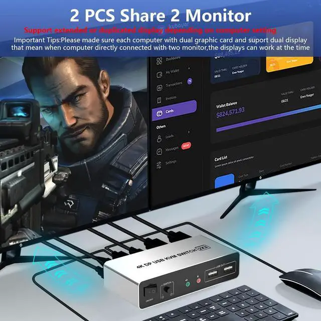 Alt view image 2 of 5 - DisplayPort KVM Switch Dual Monitors for 2 Computers 4K@60Hz 2 in 2 Out Displayport KVM Switch with Audio Microphone Output and 3 USB Ports, Keyboard Mouse Displayport Dual Monitor KVM