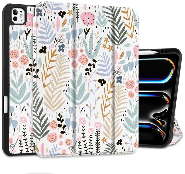 Main image of DONGKE for iPad Pro 13 inch M4 Case 2024 - [Built-in Pencil Holder Supports Pencil Pro and Pencil USB-C] Ultra Thin Soft TPU Back Cover with Trifold Stand Support Auto Wake/Sleep - Tiny Flowers