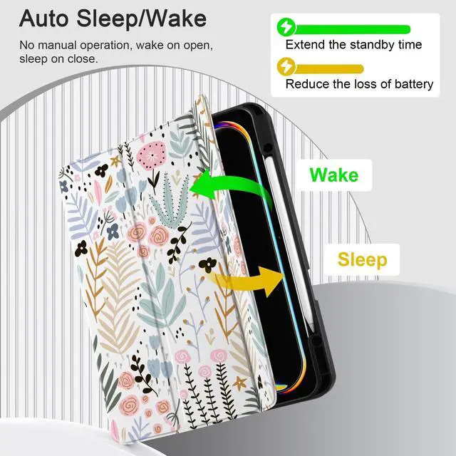 Alt view image 5 of 5 - DONGKE for iPad Pro 13 inch M4 Case 2024 - [Built-in Pencil Holder Supports Pencil Pro and Pencil USB-C] Ultra Thin Soft TPU Back Cover with Trifold Stand Support Auto Wake/Sleep - Tiny Flowers
