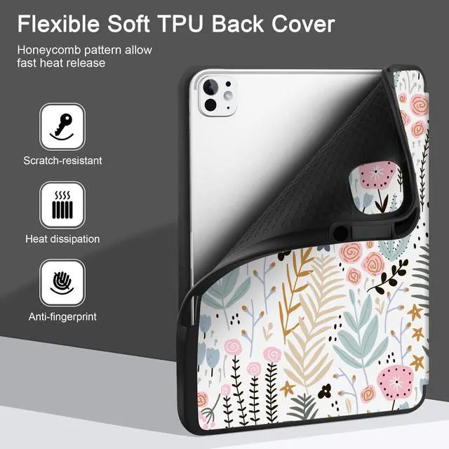 Alt view image 4 of 5 - DONGKE for iPad Pro 13 inch M4 Case 2024 - [Built-in Pencil Holder Supports Pencil Pro and Pencil USB-C] Ultra Thin Soft TPU Back Cover with Trifold Stand Support Auto Wake/Sleep - Tiny Flowers