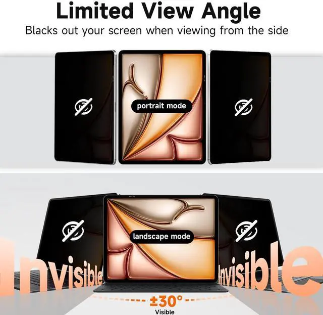 Alt view image 2 of 5 - Upgrade 360° Privacy Screen Protector for iPad Air 11 inch M3 2025 & M2 2024, (iPad Air 7th/6th Generation), Magicsuction 4-Way Anti Spy Glare Blue Light Filter (Landscape+Portrait Privacy), Bubble Fr