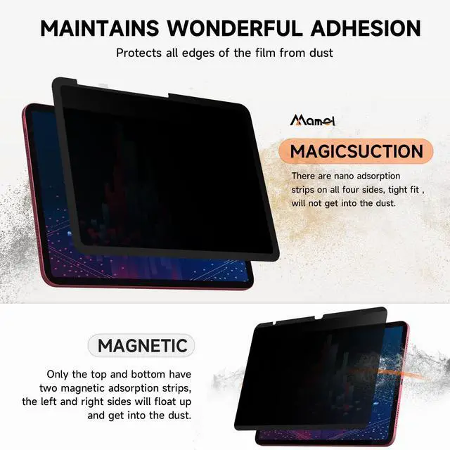 Alt view image 5 of 5 - Upgrade 360° Privacy Screen Protector for iPad Air 11 inch M3 2025 & M2 2024, (iPad Air 7th/6th Generation), Magicsuction 4-Way Anti Spy Glare Blue Light Filter (Landscape+Portrait Privacy), Bubble Fr