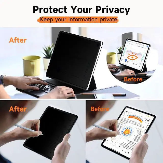 Alt view image 3 of 5 - Upgrade 360° Privacy Screen Protector for iPad Air 11 inch M3 2025 & M2 2024, (iPad Air 7th/6th Generation), Magicsuction 4-Way Anti Spy Glare Blue Light Filter (Landscape+Portrait Privacy), Bubble Fr