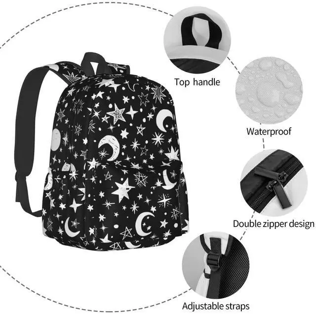 Alt view image 3 of 5 - famliihw Black and White Stars and Moon Backpack Bookbag Laptop Backpacks Multipurpose Daypack for Boys Girls School Men Women Travel Hiking