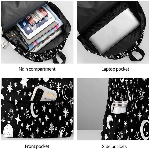 Alt view image 4 of 5 - famliihw Black and White Stars and Moon Backpack Bookbag Laptop Backpacks Multipurpose Daypack for Boys Girls School Men Women Travel Hiking
