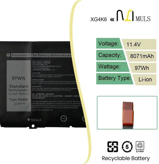 Alt view image 2 of 5 - 97Wh XG4K6 Laptop Battery Replacement for Dell XPS 17 9700 9710 9720 9730, 17-9700-D1741S 17-9700-D1761TS, Precision 5750 5760 5770 Series 01RR3 0F8CPG F8CPG OF8CPG 5XJ6R KVPMY KRDHV 8071mAh 6-Cell