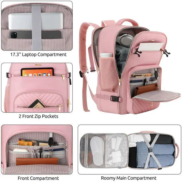 Alt view image 2 of 5 - KROSIAS Travel Backpack for Women, Carry On Backpack for Airplanes Flight Approved, Waterproof Large Weekender Overnight Bag Fit 17 Inch Laptop with USB Charging Port, Pink
