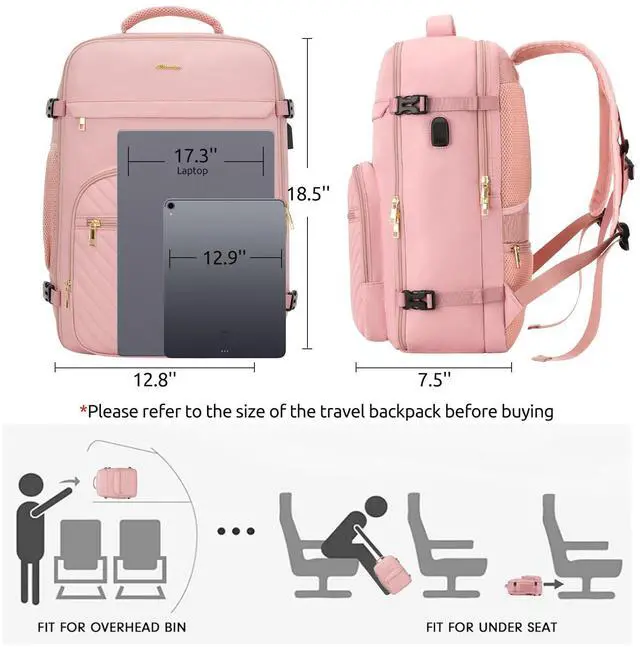 Alt view image 3 of 5 - KROSIAS Travel Backpack for Women, Carry On Backpack for Airplanes Flight Approved, Waterproof Large Weekender Overnight Bag Fit 17 Inch Laptop with USB Charging Port, Pink