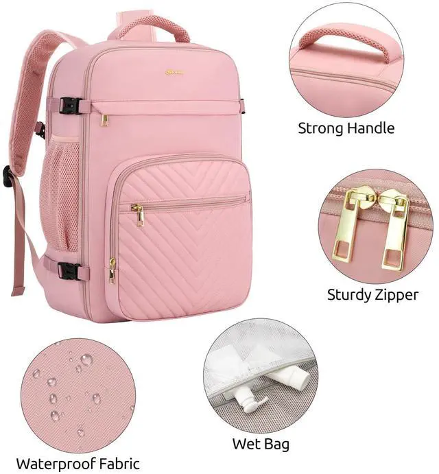 Alt view image 5 of 5 - KROSIAS Travel Backpack for Women, Carry On Backpack for Airplanes Flight Approved, Waterproof Large Weekender Overnight Bag Fit 17 Inch Laptop with USB Charging Port, Pink