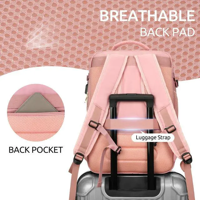 Alt view image 4 of 5 - KROSIAS Travel Backpack for Women, Carry On Backpack for Airplanes Flight Approved, Waterproof Large Weekender Overnight Bag Fit 17 Inch Laptop with USB Charging Port, Pink