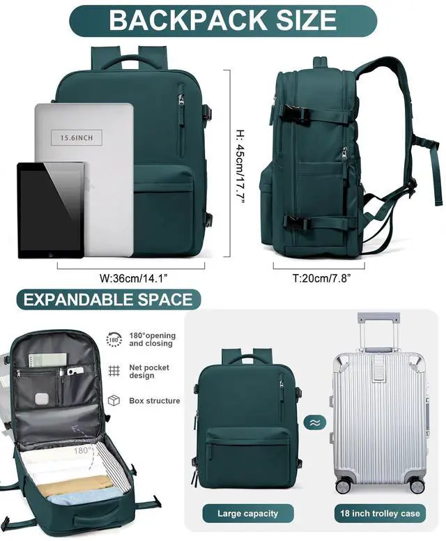 Alt view image 3 of 5 - WONHOX Large Travel Backpack Women,Carry On Backpack Flight Approved 18x14x8 inches Bag Spirit Airlines Personal ltem,College Sports Hiking Rucksack Laptop Blackpack mochila de viaje,PeacockBlue