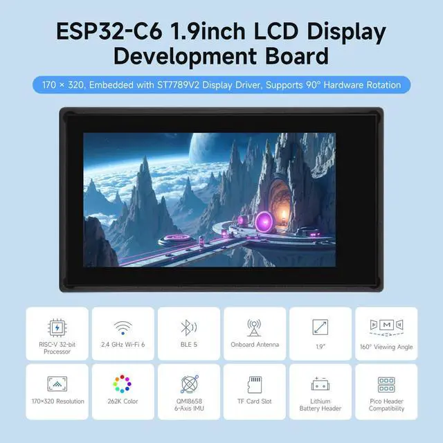 Alt view image 3 of 5 - Waveshare ESP32-C6 1.9inch Display Development Board, 170×320 Pixels, 262K Colors, 160MHz RISC-V Single-core Processor, WiFi 6 & Bluetooth, 90° Rotation Support, with Touch Function