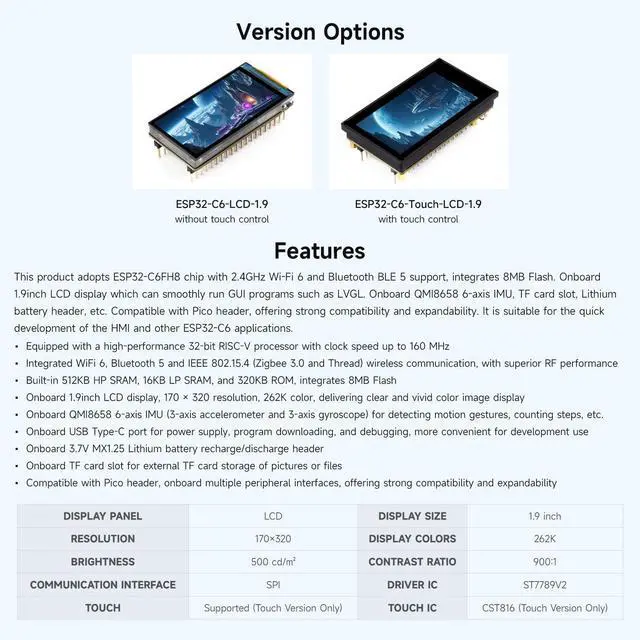 Alt view image 4 of 5 - Waveshare ESP32-C6 1.9inch Display Development Board, 170×320 Pixels, 262K Colors, 160MHz RISC-V Single-core Processor, WiFi 6 & Bluetooth, 90° Rotation Support, with Touch Function