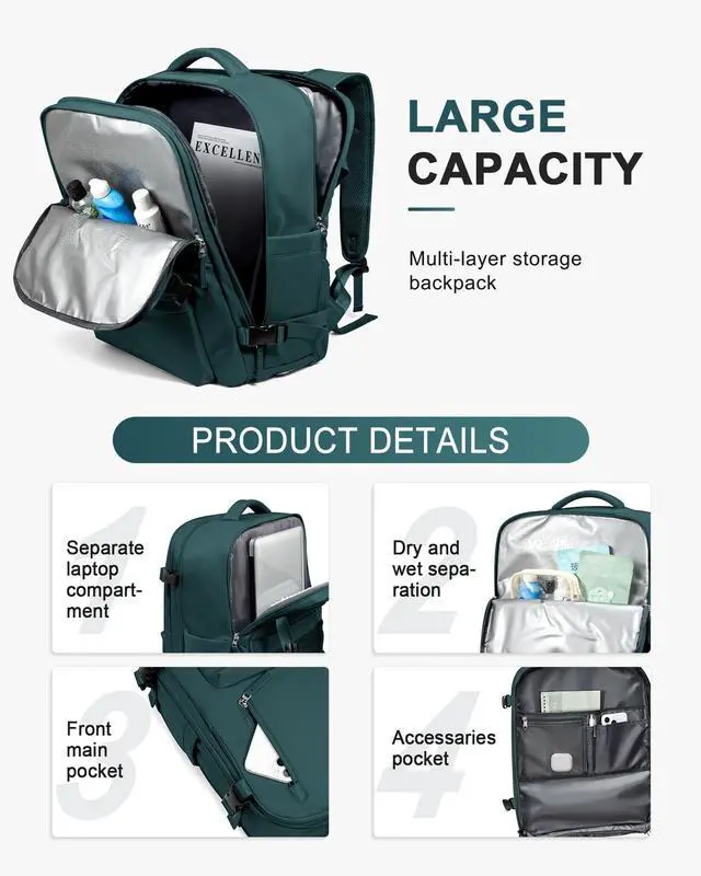Alt view image 4 of 5 - WONHOX Large Travel Backpack Women,Carry On Backpack Flight Approved 18x14x8 inches Bag Spirit Airlines Personal ltem,College Sports Hiking Rucksack Laptop Blackpack mochila de viaje,PeacockBlue