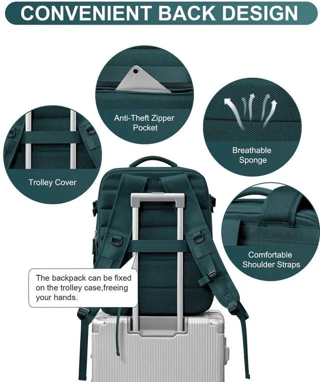 Alt view image 5 of 5 - WONHOX Large Travel Backpack Women,Carry On Backpack Flight Approved 18x14x8 inches Bag Spirit Airlines Personal ltem,College Sports Hiking Rucksack Laptop Blackpack mochila de viaje,PeacockBlue