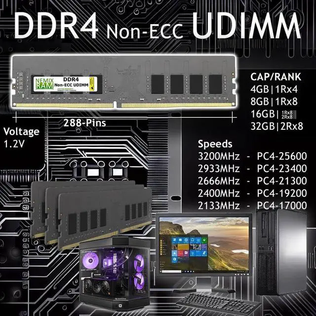 Alt view image 2 of 5 - NEMIX RAM 16GB (2X8GB) DDR4 2133MHZ PC4-17000 1Rx8 1.2V 288-PIN Non-ECC UDIMM Unbuffered Desktop Memory KIT